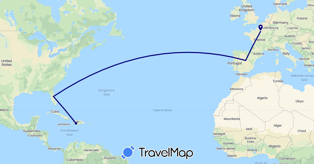 TravelMap itinerary: driving in Spain, France, Haiti, United States (Europe, North America)